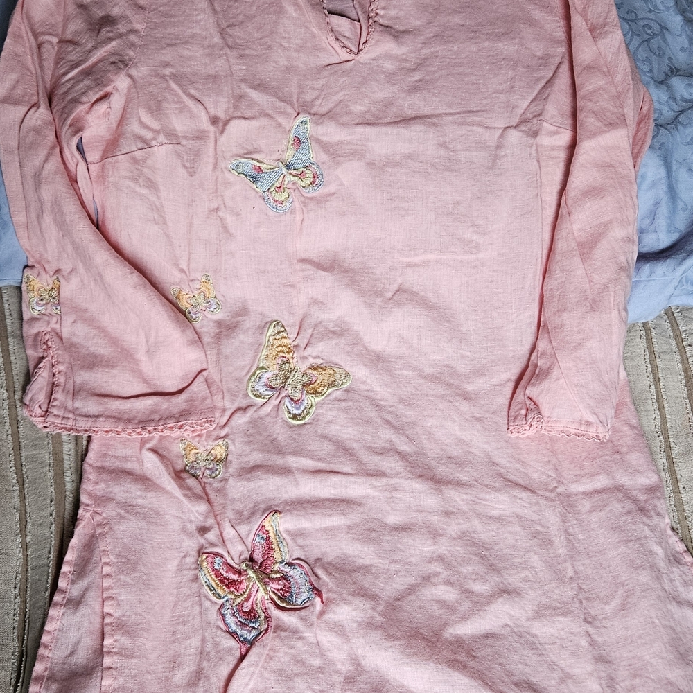 Alexandra Bartlett 100% Linen Pink Embroidered Butterfly Tunic Top Boho Cottagec